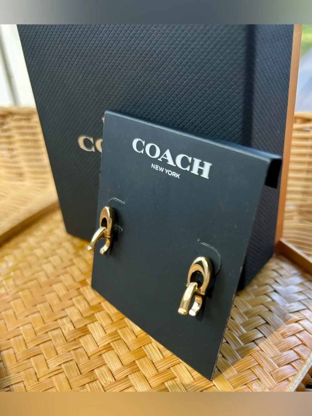 Coach New York Gold Signature C Double Drop Earrings NWT and Coach Gift Box - Picture 2 of 7